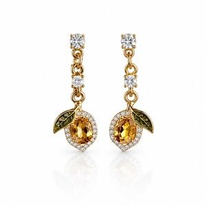 Gold-Tone Citrine Drop Earrings with Green Leaf